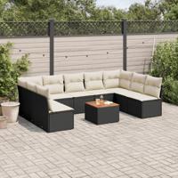 10-delige Loungeset met kussens poly rattan zwart - thumbnail