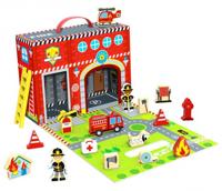 Tooky Toy Poppenhuis Brandweer - Kartonnen Fire Station met Houten Accessoires - thumbnail