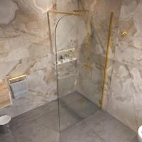 Sanivo Inloopdouche Ronde Hoek Glas 8mm Nano Coating Geborsteld Goud Profiel met Stang (Alle Maten) - thumbnail