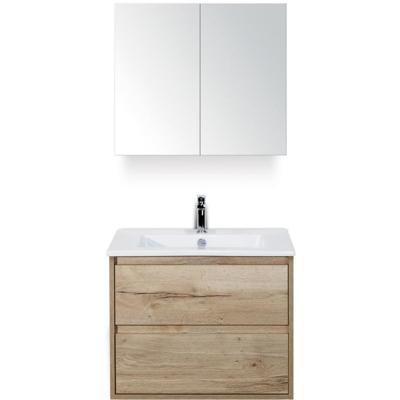 Porto Badmeubelset 70 cm - Natuur Eiken - Keramische Wastafel Wit Slim met Spiegelkast
