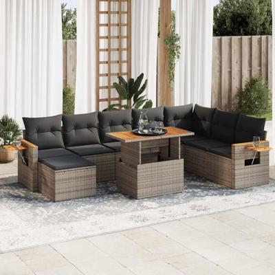 9-delige Loungeset met kussens poly rattan acacia grijs