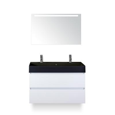 Maxx XL Badmeubelset 100 cm - Wit Hoogglans - Wastafel Kube Zwart 2 kraangaten - met LED Spiegel