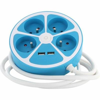 Ronde design stekkerdoos - CHACON - 4X16 A - 1,5 m snoer - Met 2 USB-A + Schakelaar - Blauw
