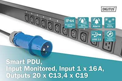 DIGITUS Inlet monitored PDU,vertical,16A,20xC13,4xC19 3m cable, IEC60309 16A plug