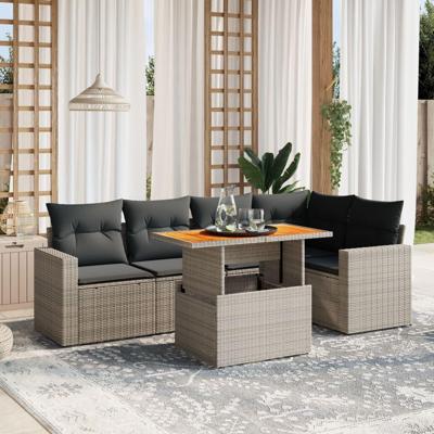 6-delige Loungeset met kussens poly rattan grijs