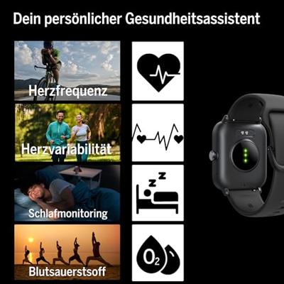 Beafon Smartwatch 101, Bluetooth smartwatch, Bluetooth oproep, Bluetooth oproep, 1,8 inch (4,57 cm) display, sportmodus 100+, fitnessmodus, IP68, weergave van berichten, ondersteunt Alexa,
