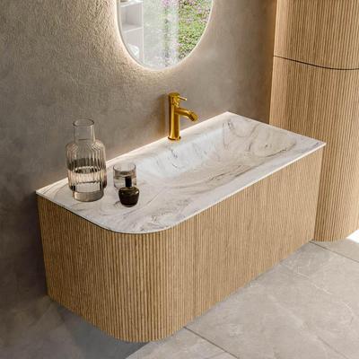Mondiaz KURVE-DLUX 95 cm Onderkast Greeploos 1 Lade Met Deuren Oak, Wastafel Solid Surface Rechts Glace 1 Kraangat Zonder Spiegel (KRVBGS95L1L1D1KR-Oak/Gla)