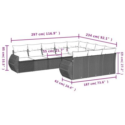 10-delige Loungeset met kussens poly rattan zwart - thumbnail