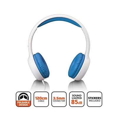 Lenco Hoofdtelefoon voor kinderen, volumebegrenzing tot 85 dB, zeer comfortabel, 120 cm kabel, met stickers, wit/blauw