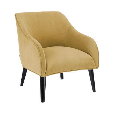 Bobly fauteuil in mosterdkleurig ribfluweel met wengé afgewerkte poten Bobly fauteuil in mosterdkleurig ribfluweel met wengé afgewerkte poten