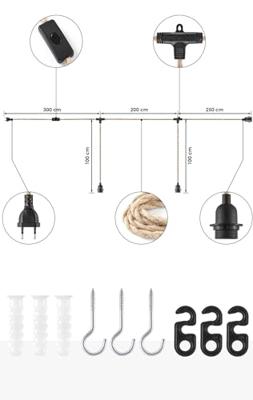 Linen Hanglamp met schakelaar 750 cm, Vintage Hanglamp kit, 3-licht, Geschikt voor woonkamers en landhuizen , DIY kabel set met 3 x E27 lampfittingen, Geschikt voor lampenkappen