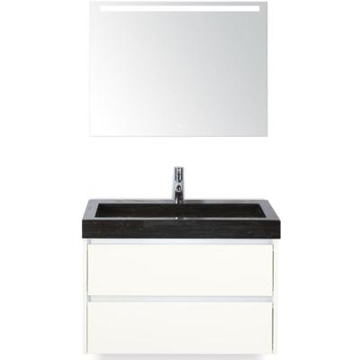 Dante Badmeubelset 80 cm - Wit Hoogglans - Wastafel Hardsteen Wit Lucca met Sence Spiegel