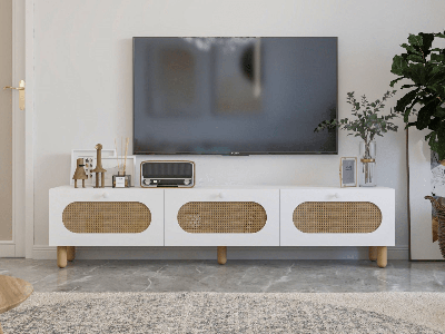 Tv-meubel ELEMA 3 deuren wit met rotan