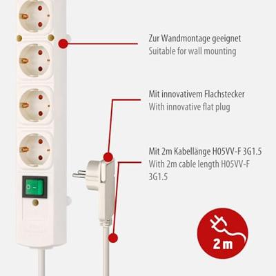 Brennenstuhl Comfort-Line Plus stekkerdoos met platte stekker 4-voudig wit 2m H05VV-F 3G1,5 - 1153120100 - thumbnail
