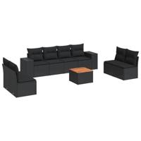 9-delige Loungeset met kussens poly rattan zwart - thumbnail