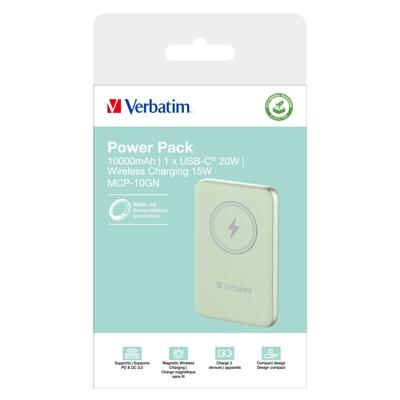 Verbatim Charge n Go Magnetic Wireless Powerbank 10000 mAh Fast Charge, Quick Charge 3.0, USB PD 3.0, Adaptive Fast Charge LiPo USB-C Groen Verbatim Charge n Go Magnetic Wireless Powerbank 10000 mAh Fast Charge, Quick Charge 3.0, USB PD 3.0, Adaptive Fast Charge LiPo USB-C Groen