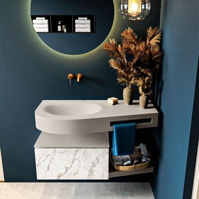 MONDIAZ RIVA 100cm badmeubel onderkast / planchet kleur carrara met 1 lade. Wastafel DULCET links 0 kraangaten kleur Linen.