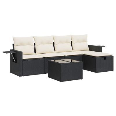5-delige Loungeset met kussens poly rattan zwart