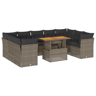 10-delige Loungeset met kussens poly rattan grijs