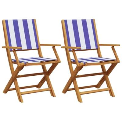 Tuinstoelen 2 st massief acaciahout en stof blauw en wit - thumbnail