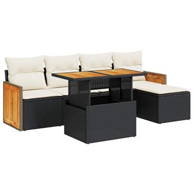 6-delige Loungeset met kussens poly rattan acacia zwart