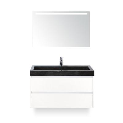 Dante Badmeubelset 100 cm - Wit Hoogglans - Wastafel Hardsteen Wit Lucca - met Sence Spiegel