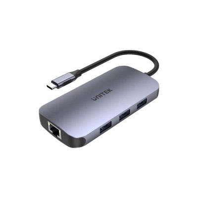 uHUB Unitek D1071A N9+ 9-in-1 USB-C Ethernet Hub met HDMI, 100W Power Delivery en Card Reader/Aluminium/Nylon Kabel/USB-A, USB-C (voeding), HDMI 2.0, Card Reader, aansluiting RJ -45