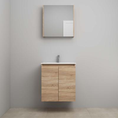 On-Line Badkamermeubelset - 60 cm - Bouwpakket - Greeploos 2 Deuren - Porseleinen Wastafel - 1 Kraangat - Spiegelkast - Eiken