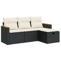 4-delige Loungeset met kussens poly rattan zwart - thumbnail