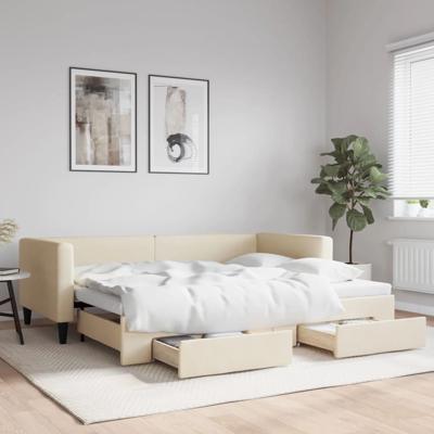 Slaapbank met onderschuifbed en lades 90x200 cm stof crèmekleur