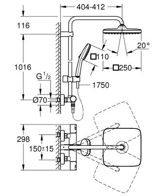 Grohe Vitalio Comfort 250 douchesysteem thermostatisch hoofddouche 1 straalsoort en handd. 2 straalsoorten chroom 26696001