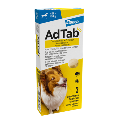 AdTab anti vlo kauwtabletten voor de hond +22-45kg - per verpakking AdTab anti vlo kauwtabletten voor de hond +22-45kg - per verpakking