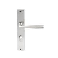 Hardbrass Deurkruk Mikonos op rechthoekig langschild profielcilindergat 72mm - RVS - thumbnail