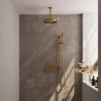 Brauer Stripe thermostatische inbouw regendouche met drukknoppen SET 33 met 25 cm douchekop en plafondarm en staaf handdouche en doucheslang en geintegreerde glijstang goud geborsteld PVD