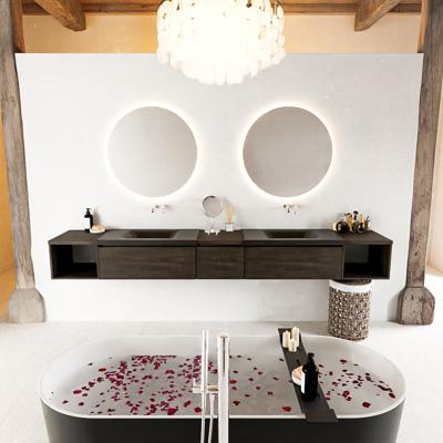 MONDIAZ BUKLA 280cm badmeubel met open module 40 L+R kleur Dark Brown met 3 lades. Wastafel CLOUD dubbel 0 kraangaten kleur Urban. MONDIAZ BUKLA 280cm badmeubel met open module 40 L+R kleur Dark Brown met 3 lades. Wastafel CLOUD dubbel 0 kraangaten kleur Urban.