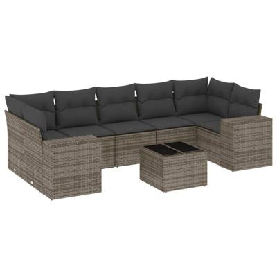 8-delige Loungeset met kussens poly rattan grijs