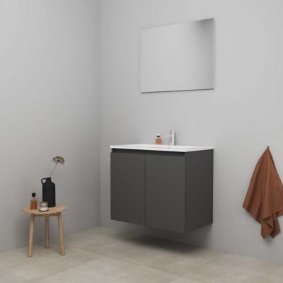 On-Line Badkamermeubelset - 80 cm - Bouwpakket - Greeploos 2 Deuren - Acryl Wastafel - 1 Kraangat - Spiegel - Mat Antraciet