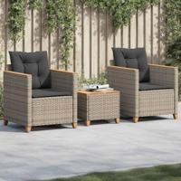 3-delige Bistroset met kussens poly rattan en acaciahout grijs - thumbnail