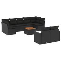 10-delige Loungeset met kussens poly rattan zwart - thumbnail