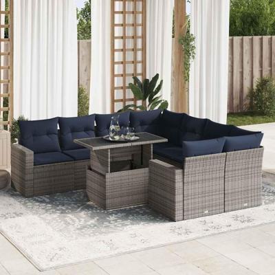 9-delige Loungeset met kussens poly rattan acacia grijs