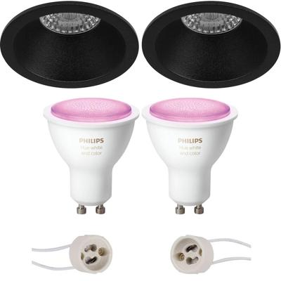 GU10 Inbouwspot Set - Mat Zwart - Inbouw Rond - Verdiept - Philips Hue - White and Color Ambiance - Bluetooth - Pragmi Pollon Pro - Ø82mm