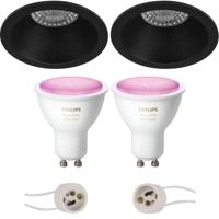GU10 Inbouwspot Set - Mat Zwart - Inbouw Rond - Verdiept - Philips Hue - White and Color Ambiance - Bluetooth - Pragmi Pollon Pro - Ø82mm - thumbnail