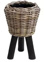 Rotan Drypot plantenmand zwart op poten 27x42cm - thumbnail