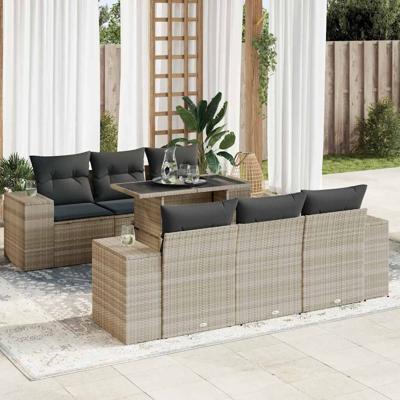 7-delige Loungeset met kussens poly rattan lichtgrijs