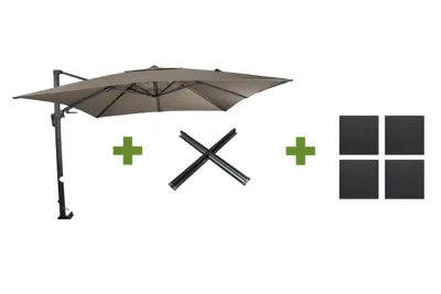 Grote Zweefparasol VirgoFlex Taupe 3x3m met Kruisvoet en Parasolvoettegels