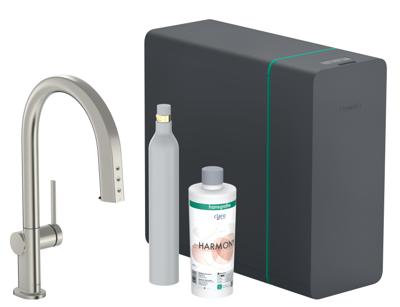 Hansgrohe Aqittura M91 SodaSystem 210, uittrekbare uitloop, 1jet, sBox, starter set, rvs look