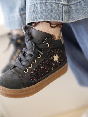 Hoge baskets met veters en elastiek van baby leer marineblauw