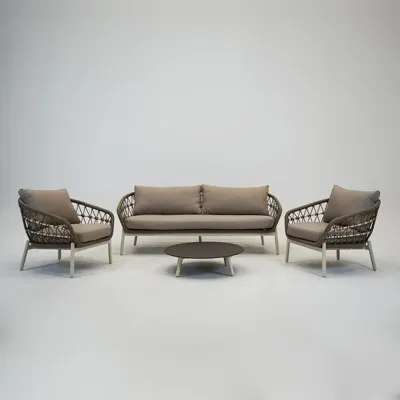 Loungeset Dakota Creme Bruin 4-delig Stoel Bank Aluminium Touw Buiten Tuinstoel Tuinbank Vita Lux