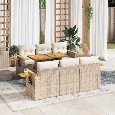 7-delige Loungeset met kussens poly rattan acacia beige