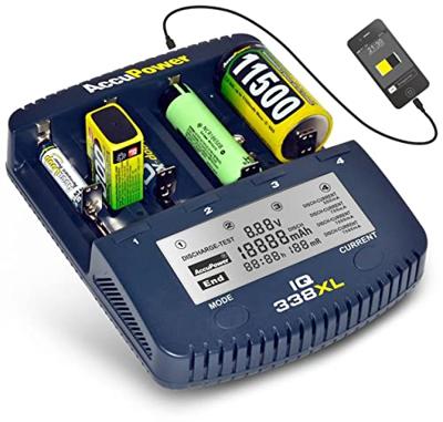 AccuPower IQ338XL Batterijlader NiCd, NiMH, Li-ion 10340, 10350, 10440, 10500, 12500, 12650, 13500, 13650, 14500, 14650, 16340, 16650, 17335, 17355, 17500,